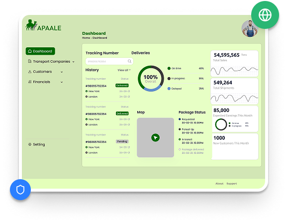 Logistics Software Development Services dashboard UI showing real-time shipment tracking, delivery maps, and supply chain analytics.